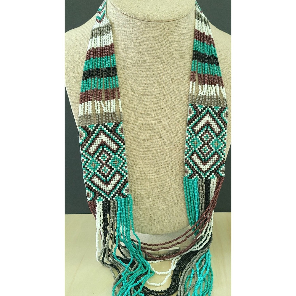 Handmade Seed Bead Necklace 26" Multi Strand Geometric Southwestern Statement